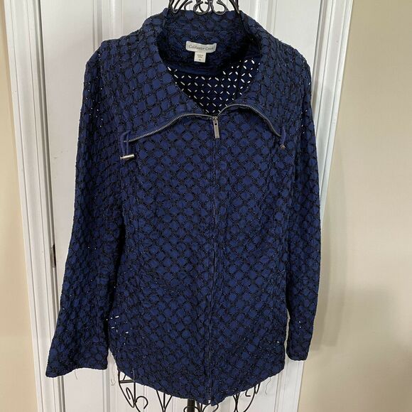 Coldwater Creek Navy Blue Eyelet Jacket Size 16 Zip Front Bomber Style Jacket - Picture 11 of 11